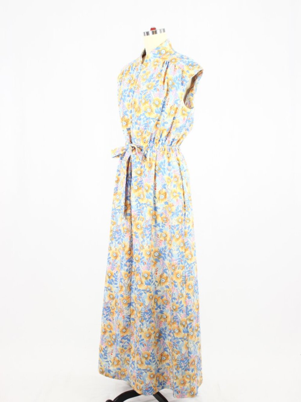Vintage 70's CONRAD Retro Blue Orange Hippie Floral Belted Maxi Dress, Size L - Picture 4 of 11